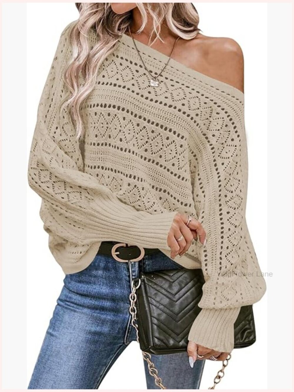 Off Shoulder Oversized Knit Batwing Pullover Sweater